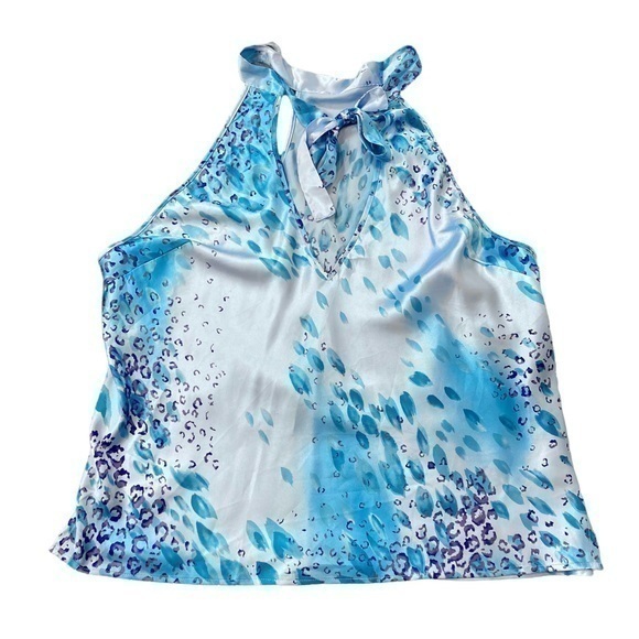 Victoria’s Secret Y2K vintage Blue Leopard Print High Neck bow tie top Blouse L - Picture 1 of 12